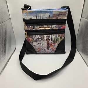 Nicole Lee USA Crossbody Bag European Street Scene Graphic Multi Zip Purse Black